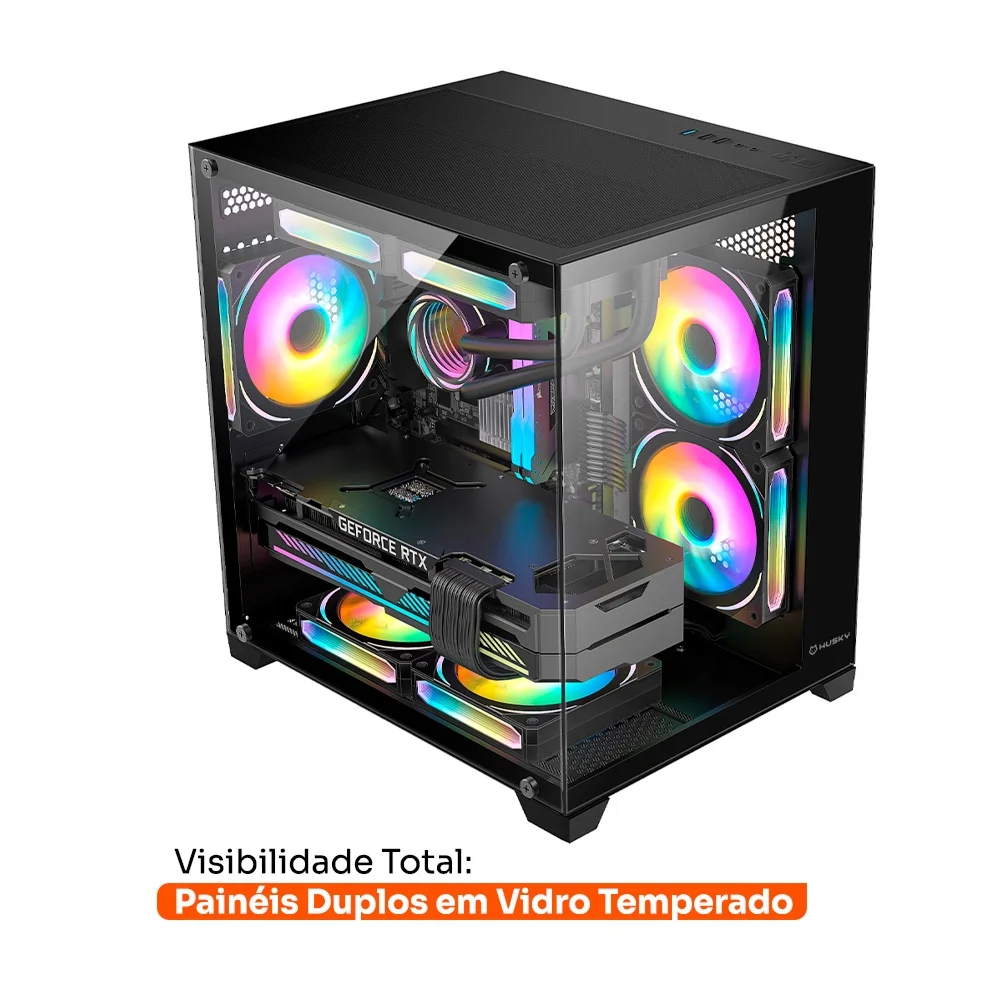 GABINETE GAMER HUSKY DOME 10 MICROATX LATERAL E FRONTAL EM VIDRO SEM FANS PRETO